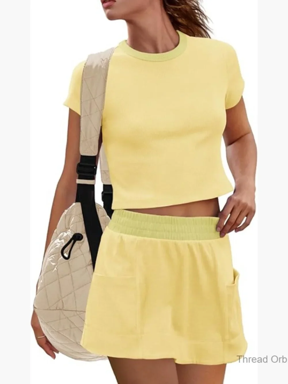 Ribbed Knit Skort Set with Built-In Shorts, Side Pockets, Cropped Tee